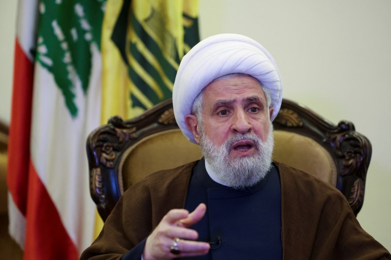 Lebanon's Hezbollah deputy leader Sheikh Naim Qassem speaks during an interview with Reuters in in Beirut's suburbs