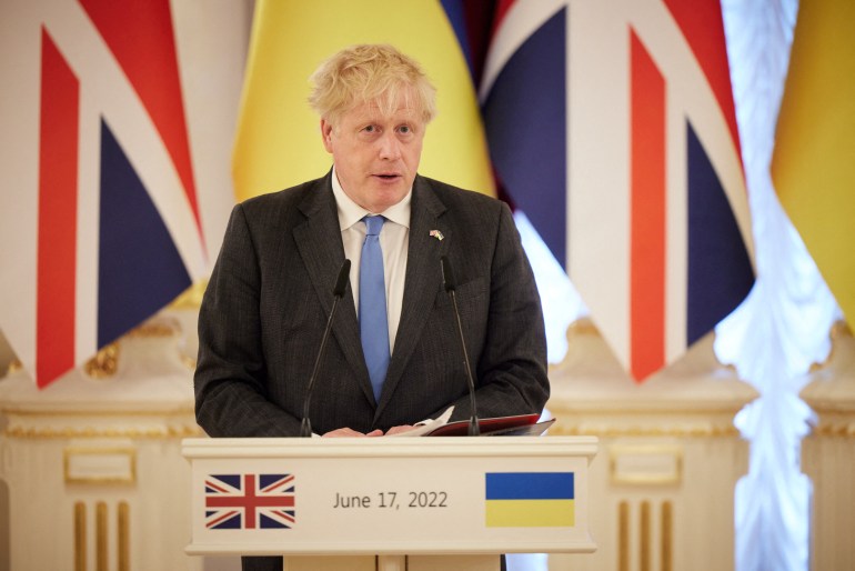 British PM Johnson and Ukraine's President Zelenskiy attend a news briefing in Kyiv