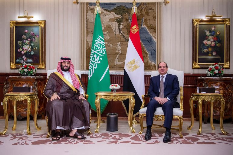 Saudi Crown Prince Mohammed bin Salman meets Egyptian President Abdel Fattah al-Sisi upon his arrival in Cairo