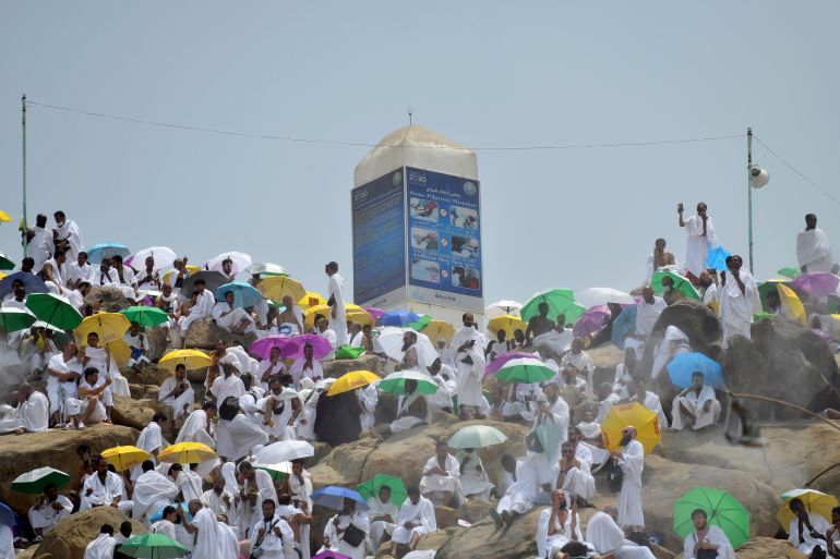 Muslim pilgrims gather on Mount of Mercy on the plains of Arafat during the annual Haj pilgrimage, outside the holy city of Mecca