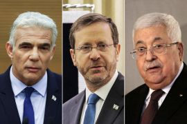 كومبو ثلاثي يضم الرئيس الفلسطيني محمود عباس والرئيس الإسرائيلي إسحق هرتزوج ورئيس الوزراء الإسرائيلي يائير لابيد
