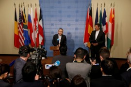 Iranian Ambassador to the United Nations Majid Takht-Ravanchi speaks to the media outside Security Council chambers at the U.N. headquarters in New York