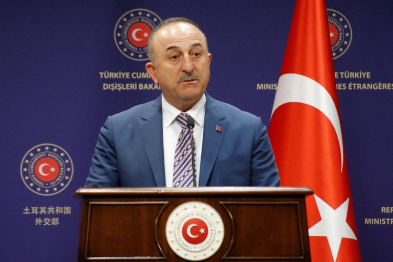 Turkish FM Cavusoglu speaks during a news conference in Ankara