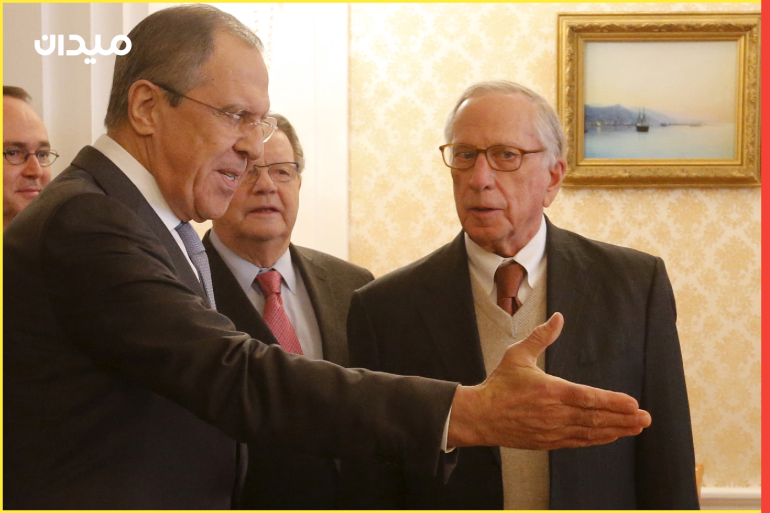 Russian Foreign Minister Sergei Lavrov shows the way to Sam Nunn, former U.S. Senator and CEO of Nuclear Threat Initiative, during a meeting in Moscow, Russia, February 24, 2016. REUTERS/Maxim Zmeyev