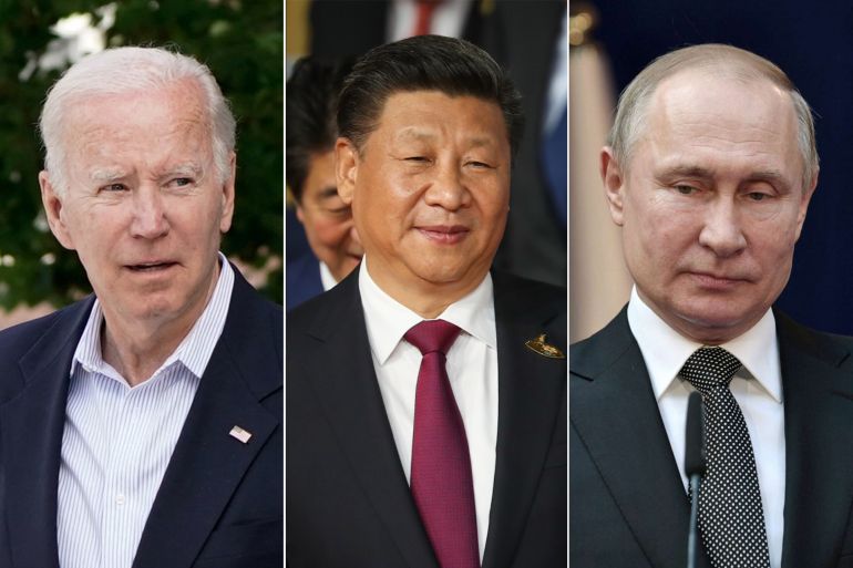 كومبو يضم من اليمين الرئيس الروسي فلاديمير بوتين و الصيني شي جين بينغ والأميركي جو بايدن Biden, Putin and Xi Jinping المصدر: غيتي