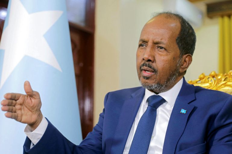 Somalia's President Hassan Sheikh Mohamud speaks during a Reuters interview in Mogadishu