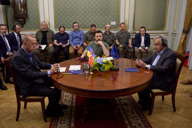 Ukraine's President Zelenskiy, Turkish President Erdogan and U.N. Secretary-General Guterre attend a meeting in Lviv