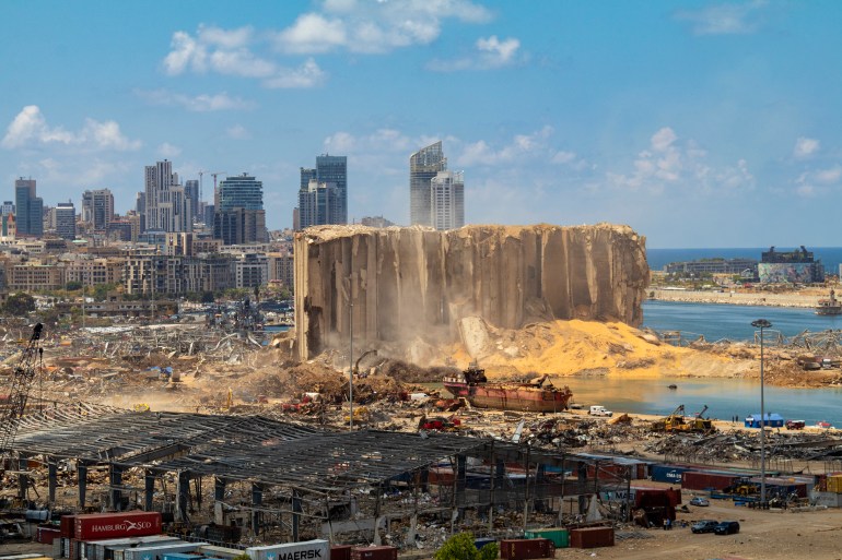 Beirut / Lebanon - 08 11 2020: Beirut Port Massive Explosion site. Hundreds of tonnes of wheat appear among the rubble as Lebanon's backup wheat silos got demolished SS1793936191