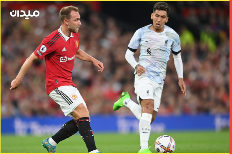 MANCHESTER, ENGLAND - AUGUST 22: Christian Eriksen of Manchester United in action with Roberto Firmino during the Premier League match between Manchester United and Liverpool FC at Old Trafford on August 22, 2022 in Manchester, England. (Photo by Michael Regan/Getty Images)