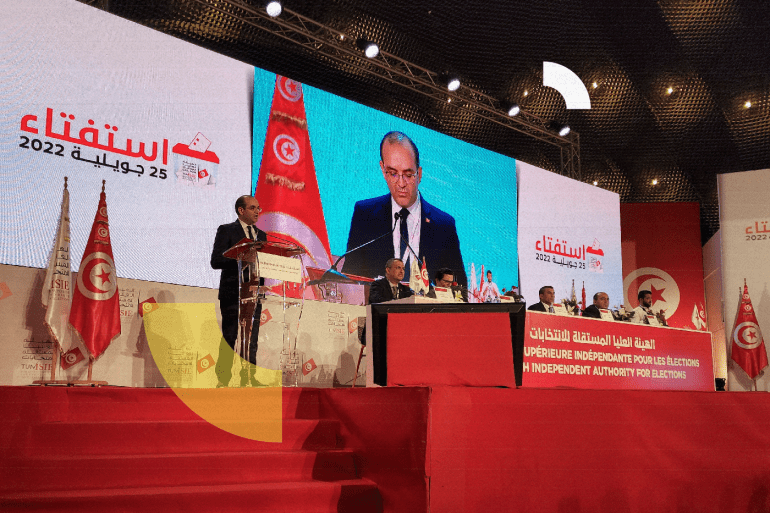 Farouk Bouasker, President of the Independent High Authority for Elections, speaks during the announcement of the preliminary results of a referendum on a new constitution in Tunis, Tunisia July 26, 2022. REUTERS/Tarek Amara