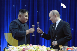 North Korean leader Kim Jong Un and Russian President Vladimir Putin attend an official reception following their talks in Vladivostok, Russia in this undated photo released on April 25, 2019 by North Korea's Central News Agency (KCNA). KCNA via REUTERS ATTENTION EDITORS - THIS IMAGE WAS PROVIDED BY A THIRD PARTY. REUTERS IS UNABLE TO INDEPENDENTLY VERIFY THIS IMAGE. NO THIRD PARTY SALES. SOUTH KOREA OUT. NO COMMERCIAL OR EDITORIAL SALES IN SOUTH KOREA.