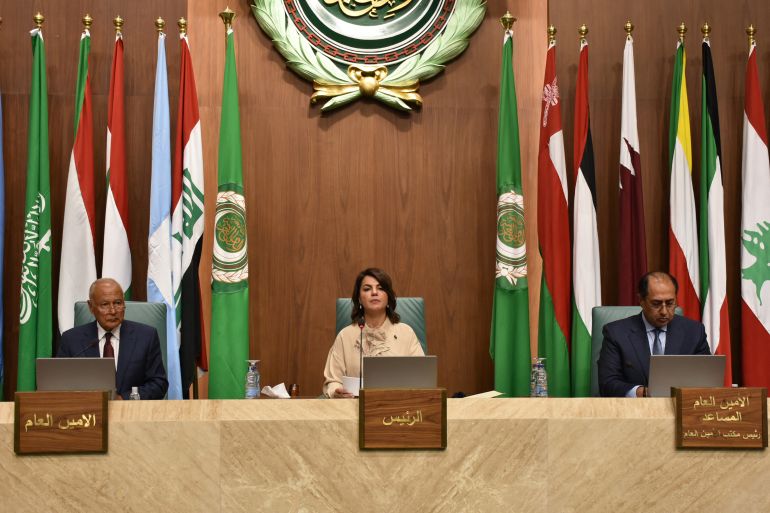(L to R) Arab League Secretary-General Ahmed Aboul Gheit, Minister of Foreign Affairs Najla Mangoush, and Arab League Assistant Secretary-General Hossam Zaki attend a meeting of the Arab League Foreign Ministers in the Egyptian capital Cairo on September 6, 2022. (Photo by AFP)