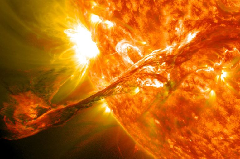 A filament eruption from the sun, accompanied by solar flares. NASA