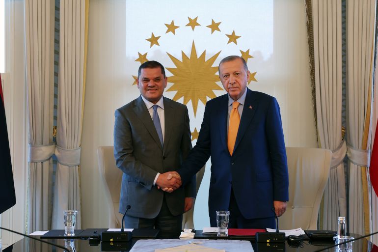 ISTANBUL, TURKIYE - SEPTEMER 02: Turkish President Recep Tayyip Erdogan (R) meets with Libyan Prime Minister Abdul Hamid Dbeibeh (L) in Istanbul, Turkiye on September 02, 2022. ( Mustafa Kamacı - Anadolu Agency )