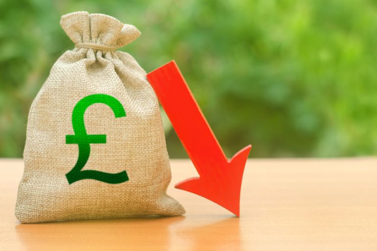 Money bag with pound sterling symbol and red arrow down. Brexit Great Britain. depreciation of the pound, economy fall. economic difficulties, departure of capital