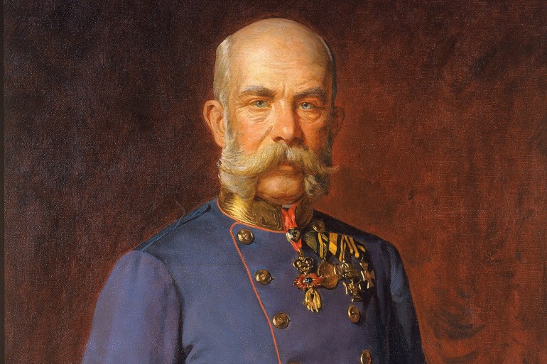 Emperor Franz Joseph I in a blue tunic. Portrait. Elbow. About 1885. Painting. (Photo by Imagno/Getty Images) *** Local Caption ***
