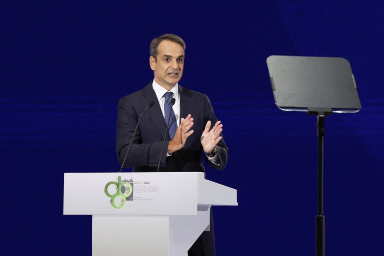 Greek Prime Minister Kyriakos Mitsotakis speaks during a news conference at the annual International Trade Fair of Thessaloniki