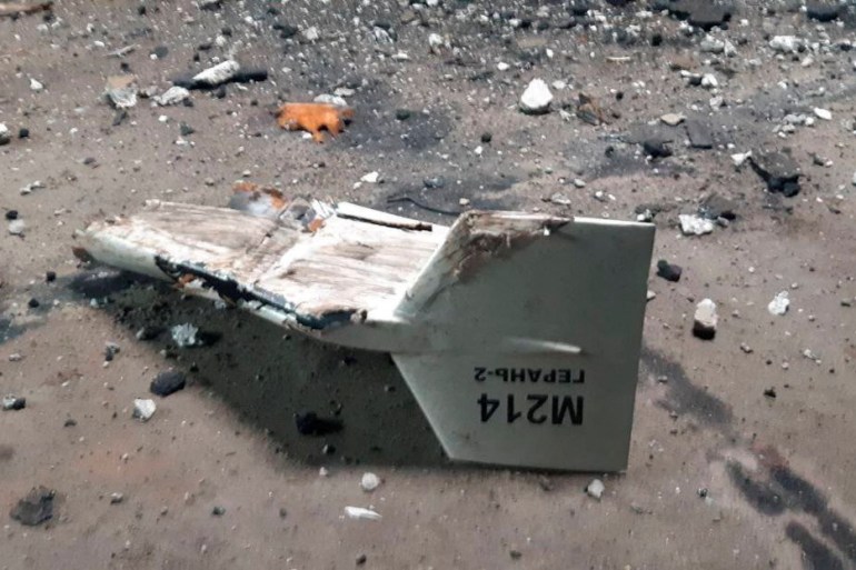Part of an unmanned aerial vehicle, what Ukrainian military authorities described as an Iranian made suicide drone Shahed-136 and shot down near Kupiansk, is seen in Kharkiv region