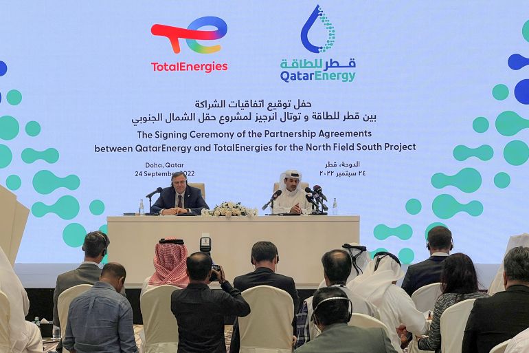 Qatar Energy CEO and Qatar's State Minister for Energy Saad al-Kaabi and Patrick Pouyanne, Chairman and CEO at TotalEnergies attend a joint news conference during a signing ceremony of the partnership agreements in Doha, Qatar September 24, 2022. REUTERS/Imad Creidi