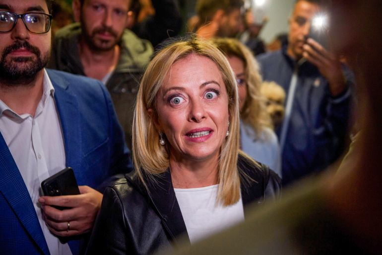 ROME, ITALY - SEPTEMBER 25: Giorgia Meloni, leader of the Fratelli d'Italia (Brothers of Italy), leaves the polling station after voting in the Italian general election on September 25, 2022 in Rome, Italy. The snap election was triggered by the resignation of Prime Minister Mario Draghi in July, following the collapse of his big-tent coalition of leftist, right-wing and centrist parties. (Photo by Antonio Masiello/Getty Images)