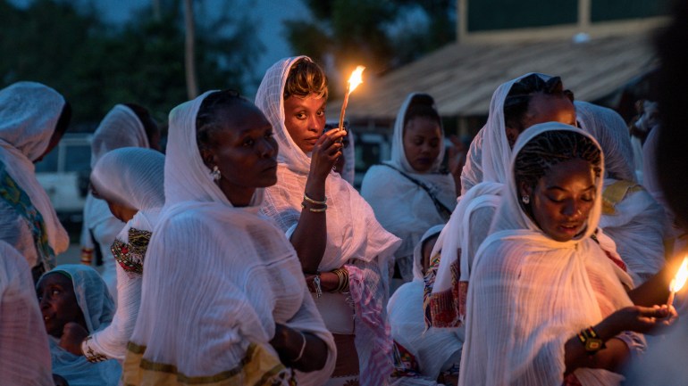 Turmi, Ethiopia - September 2017: Unidentified Ethiopian people celebrating the Meskel festival in Ehtiopia. Meskel commemorates the finding of the True Cross