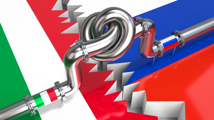 Fuel gas pipeline with a knot, flags of Italy and Russia - 3D illustration shutterstock_2155193029