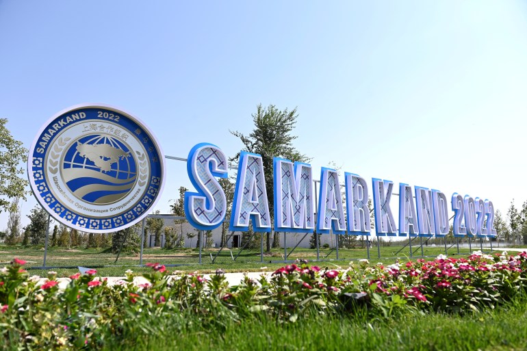 A view shows the Samarkand 2022 letter sculpture installed ahead of the Shanghai Cooperation Organization (SCO) summit in Samarkand, Uzbekistan September 9, 2022. Foreign Ministry of Uzbekistan/Handout via REUTERS ATTENTION EDITORS - THIS IMAGE HAS BEEN SUPPLIED BY A THIRD PARTY. NO RESALES. NO ARCHIVES. MANDATORY CREDIT.