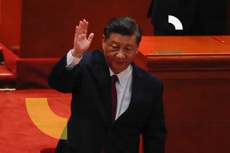 epa09877629 Chinese President Xi Jinping gestures to the crowd after the commending meeting for Beijing 2022 Winter Olympic and Paralympic games at the Great Hall of the People in Beijing, China, 08 April 2022. The 2022 Winter Olympics were held in Beijing from 04 to 20 February, while the 2022 Winter Paralympics were held from 04 to 13 March 2022. EPA-EFE/MARK R. CRISTINO