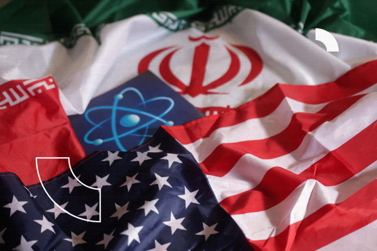 Atomic symbol and USA and Iranian flags are seen in this illustration taken September 8, 2022. REUTERS/Dado Ruvic/Illustration
