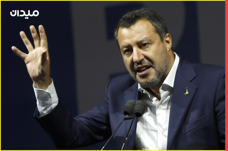 Italian center-right coalition closes the electoral campaign in Rome- - ROME, ITALY, SEPTEMBER 22: Lega Nord's leader Matteo Salvini speaks during a joint rally of the center-right coalition, in Rome, Italy, on September 22, 2022, ahead of political elections scheduled on September 25.