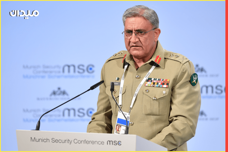 MUNICH, GERMANY - FEBRUARY 17: Pakistan's Chief of Army Staff Qamar Javed Bajwa delivers a speech at the 2018 Munich Security Conference on February 17, 2018 in Munich, Germany. The annual conference, which brings together political and defense leaders from across the globe, is taking place under heightened tensions between the USA, together with its western allies, and Russia. (Photo by Sebastian Widmann/Getty Images)