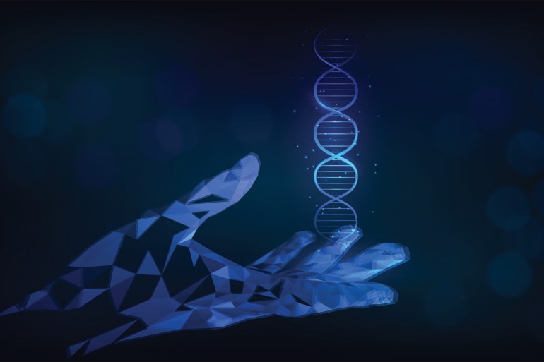 ومشاريع الجينوم Technology, science, DNA, genetic engineering. Dna molecule in low poly arm