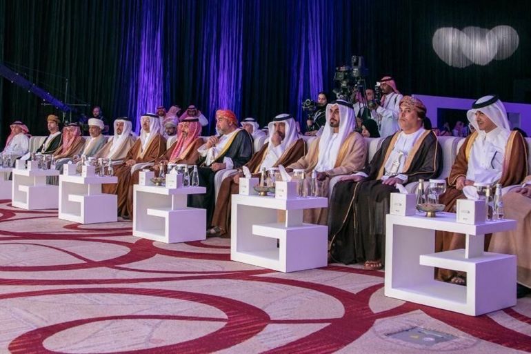 مسؤولون في وزارات الثقافة الخليجية في حفل تكريم الأسماء الثقافية أمس في الرياض - قنا
