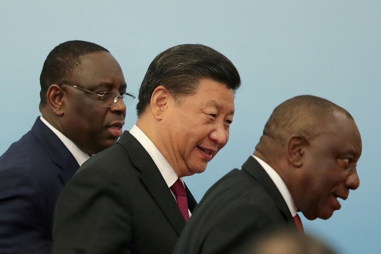 Chinese President Xi Jinping with South Africa's President Cyril Ramaphosa and Senegal's President Macky Sall attend the 2018 Beijing Summit of Forum on China-Africa Cooperation joint news conference at the Great Hall of the People in Beijing, China September 4, 2018. Lintao Zhang/Pool via REUTERS