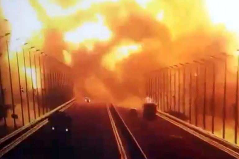Huge fire erupts on strategic bridge linking Crimea to Russia