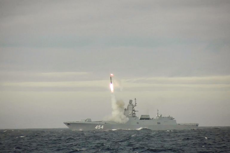 A hypersonic Zircon cruise missile is fired from the guided missile frigate Admiral Gorshkov during a test at the Barents Sea, in this still image taken from a video released May 28, 2022. Russian Defence Ministry/Handout via REUTERS