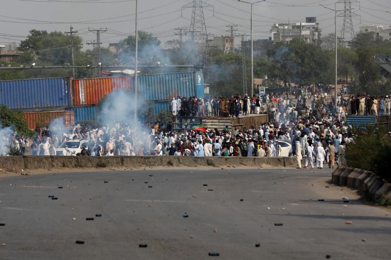 Supporters of Pakistan's PTI party gather to attend protest march led by ousted Pakistani PM Khan, in Rawalpindi