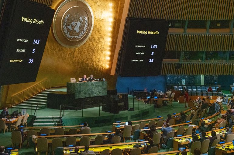 The monitors at the United Nations General Assembly hall display a vote to resolution condemning the annexation of parts of Ukraine amid Russia's invasion of Ukraine, at the United Nations Headquarters
