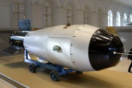 A mockup of a Soviet AN-602 hydrogen bomb (Tsar Bomb) is displayed at the exhibition devoted to the 70th anniversary of Russias nuclear industry in Moscow on September 1, 2015. The most powerful nuclear weapon ever detonated was first tested on October 30, 1961, having 50 megatons of TNT equivalent. AFP PHOTO / ALEXANDER NEMENOV (Photo credit should read ALEXANDER NEMENOV/AFP via Getty Images)