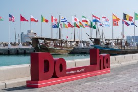 Doha, Qatar - October 16, 2022: "Doha" word sculpture located in Doha corniche in conjunction with the World Cup 2022 Qatar. shutterstock_2216440937