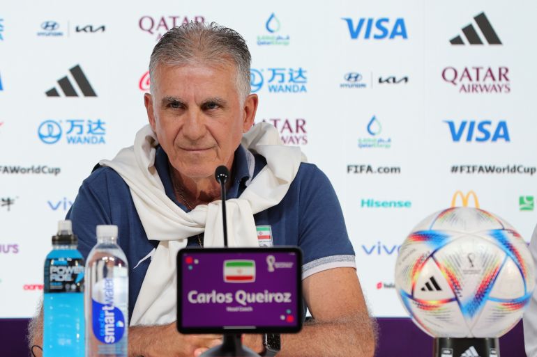 epa10316067 Iran's head coach Carlos Queiroz attends a press conference at the Qatar National Convention Center (QNCC) in Doha, Qatar, 20 November 2022. Iran will face England in their first group B match of the FIFA World Cup Qatar 2022 on 21 November. EPA-EFE/ABIR SULTAN