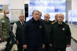 Turkish National Defense Minister Hulusi Akar arrives at operations center of the Land Forces Command in Ankara