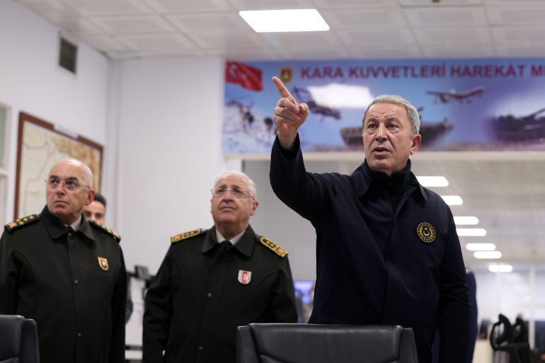 Turkish National Defense Minister Hulusi Akar arrives at operations center of the Land Forces Command in Ankara
