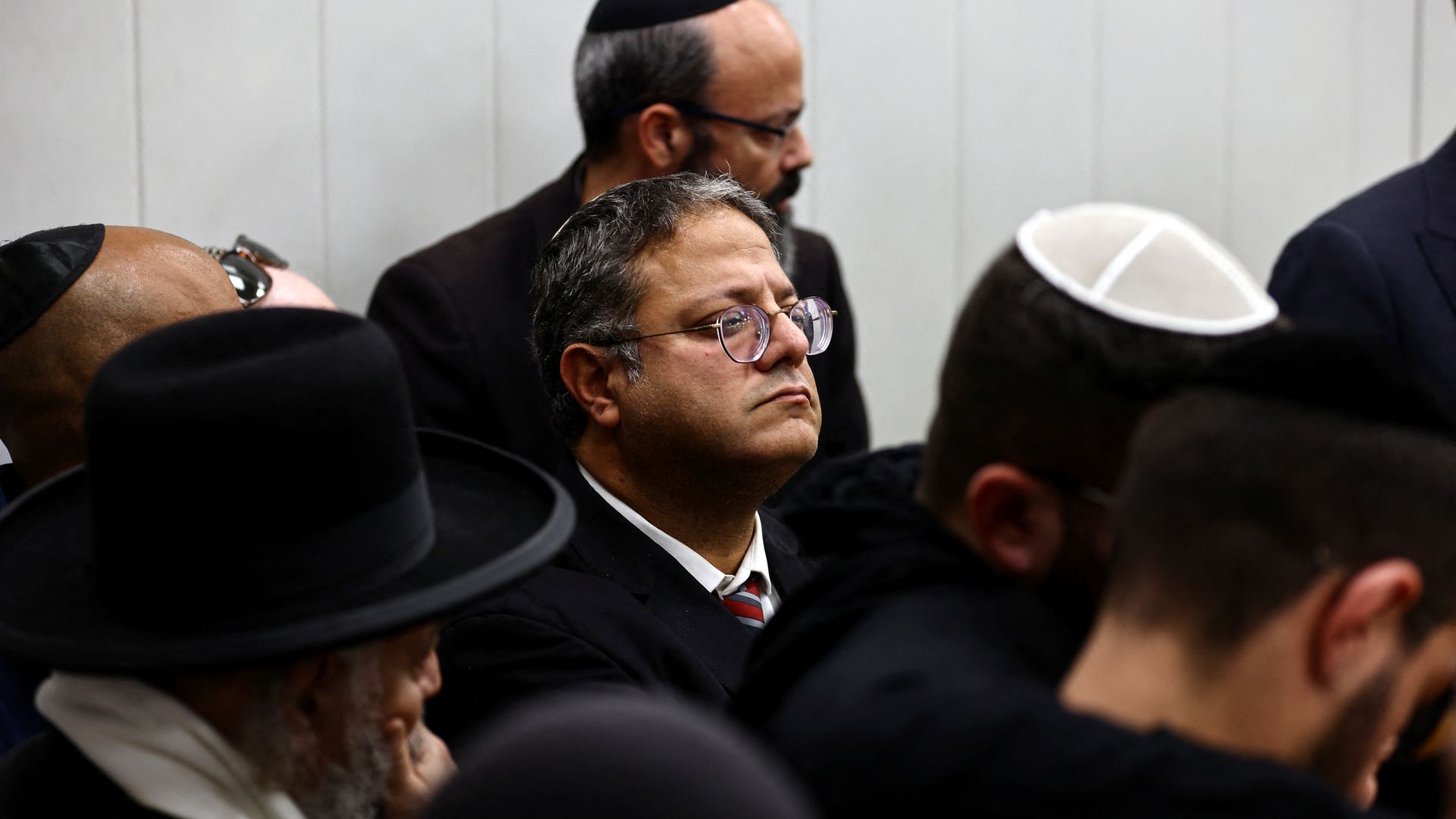 Ahead of the election, Israeli far-right lawmaker Itamar Ben-Gvir attends the funeral of Ronen Hanania who was killed in a shooting attack by a Palestinian man near Hebron in the occupied West Bank, at Har Hamenuchot Cemetery in Jerusalem October 30, 2022. REUTERS/Ronen Zvulun