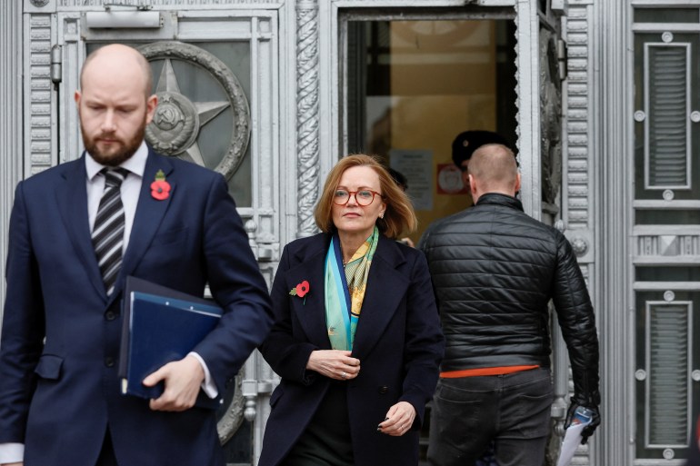 British Ambassador to Russia Deborah Bronnert leaves the Russian Foreign Ministry headquarters in Moscow