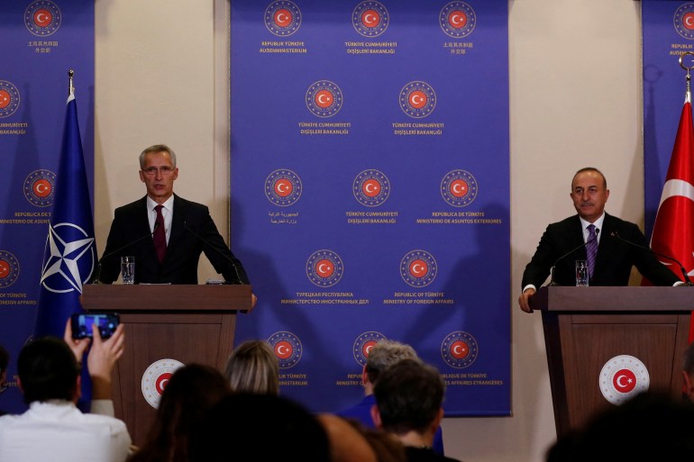 NATO Secretary-General Jens Stoltenberg and Turkish Foreign Minister Mevlut Cavusoglu attend a news conference in Istanbul