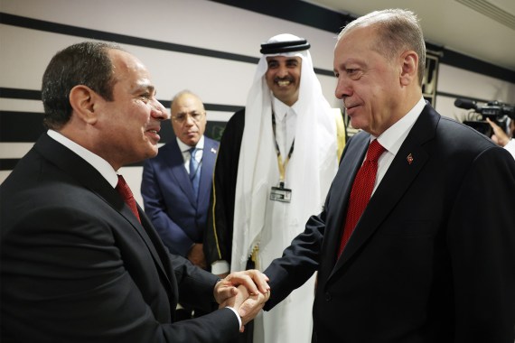 DOHA, QATAR - NOVEMBER 20: Turkish President Recep Tayyip Erdogan shakes hands with President of Egypt Abdel Fattah el-Sisi as they attend reception hosted by Qatari Emir Sheikh Tamim bin Hamad Al Thani on the occasion of the opening ceremony of the 2022 FIFA World Cup in Qatar on November 20, 2022.