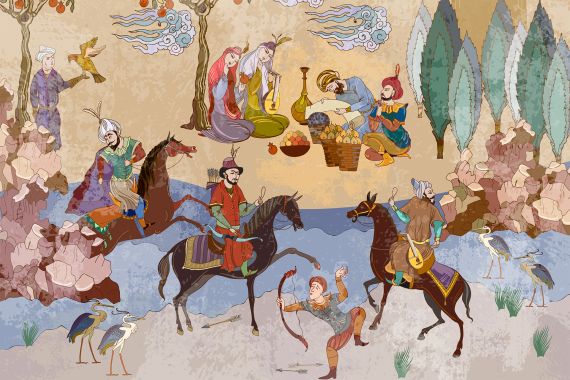 Medieval miniature. Mughal art. Persian frescoes. Travel of heroes. Ancient civilization murals. Ottoman Empire. Horsemen and oasis. Fairy tales and legends of the Middle East