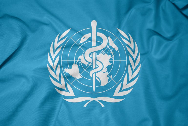 Flag of World Health Organization on the wavy surface of the fabric. ISTANBUL - TURKEY, APRIL 4, 2021