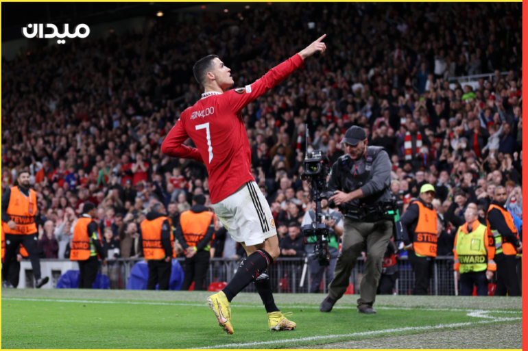 MANCHESTER, ENGLAND - OCTOBER 27: Cristiano Ronaldo of Manchester United celebrates after scoring their team's third goal during the UEFA Europa League group E match between Manchester United and Sheriff Tiraspol at Old Trafford on October 27, 2022 in Manchester, England. (Photo by Naomi Baker/Getty Images)